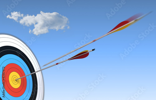Illustration: archery, target and arrow, bull's eye, hitting center archery, target and arrow, bull's eye, hitting center