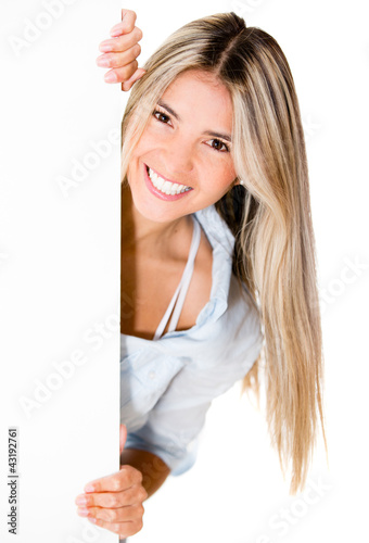 Photo: Happy woman with banner Happy woman with banner