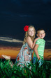 group of happy children playing on meadow, sunset, summertime