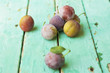 group of plums on rustic turquose surface
