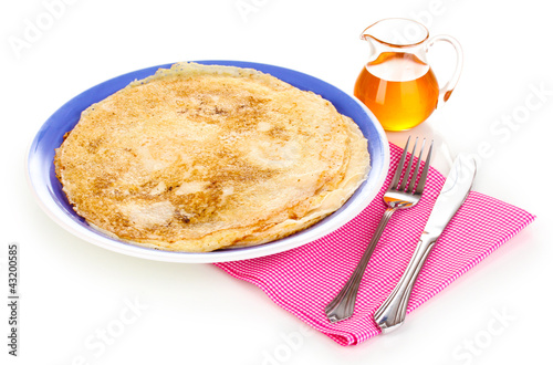 Photo: Stack of tasty pancakes isolated on white Stack of tasty pancakes isolated on white