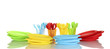 bright plastic disposable tableware isolated on white