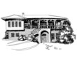Black and white sketch of big mediterranean villa