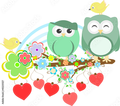 Vektor: Two cute owls and bird on the flower tree branch Two cute owls and bird on the flower tree branch