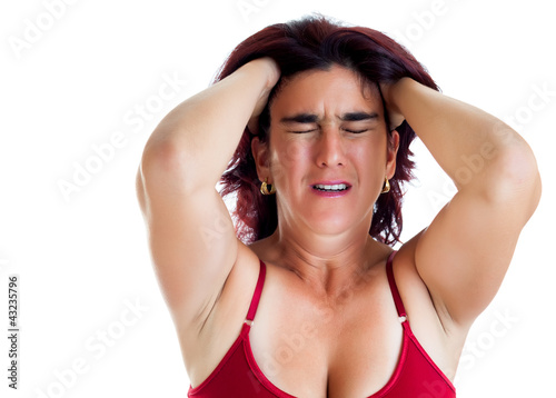 Photo: Crying hispanic woman suffering depression isolated on white Crying hispanic woman suffering depression isolated on white