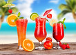 Summer drinks with blur beach on background