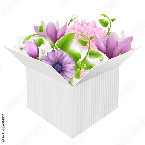 Vektor: White Box With Spring Flowers White Box With Spring Flowers