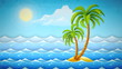 island with tropical palms among sea waves. Retro