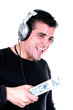 man listening with headphones