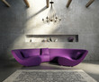 Vintage concrete grungy wall, modern village interior, sofa, rug