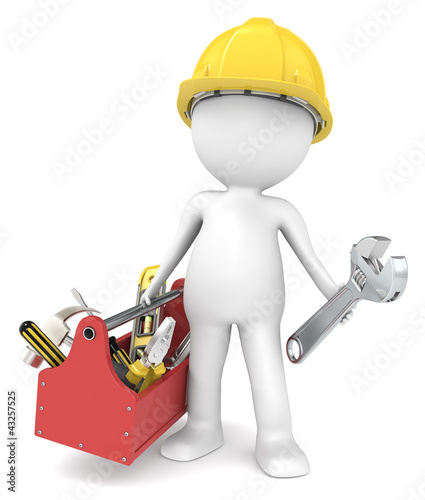 Illustration: The Handyman. 3D little human character The Builder with toolbox The Handyman. 3D little human character The Builder with toolbox