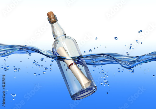 Illustration: Message in a bottle floating in water Message in a bottle floating in water