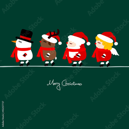Vektor: Snowman, Reindeer, Santa & Angel Walking Green Snowman, Reindeer, Santa & Angel Walking Green