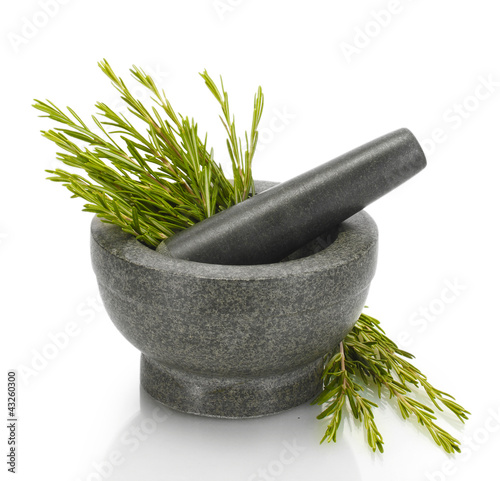 Photo: mortar with fresh green rosemary isolated on white mortar with fresh green rosemary isolated on white
