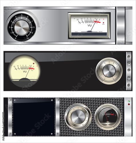 Vector: Technology banner with VU meter and volume knob set Technology banner with VU meter and volume knob set