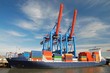 blue container ship unloading