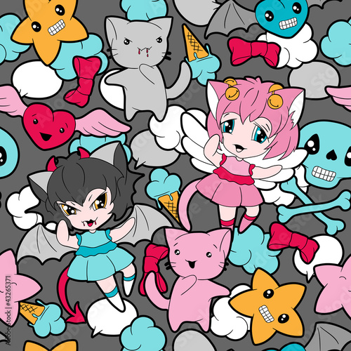 Vector: Seamless pattern with doodle. Vector kawaii illustration. Seamless pattern with doodle. Vector kawaii illustration.