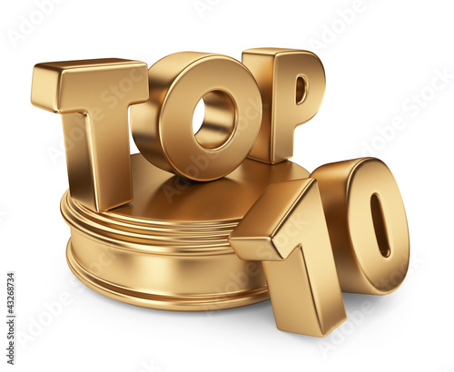Illustration: Golden top 10 on podium. 3D icon isolated on white background Golden top 10 on podium. 3D icon isolated on white background