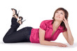 Photo: Closeup portrait of beautiful woman lying down on floor Closeup portrait of beautiful woman lying down on floor