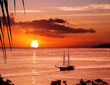 Sunset, sailing boat, paradise island..