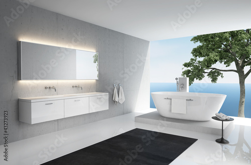 Illustration: Grey white, modern elegant luxury bathroom interior, sea view Grey white, modern elegant luxury bathroom interior, sea view