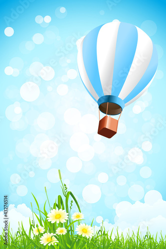 Vector: Flowers in the Grass and Hot Air Balloon in the Sky Flowers in the Grass and Hot Air Balloon in the Sky