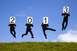 businessman holding 2013  and jumping on the green field