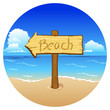Vektor: Wooden sign beach on sea background Wooden sign beach on sea background