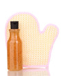 Photo: Bottle with scrub and sponge isolated on white Bottle with scrub and sponge isolated on white