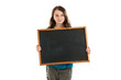Photo: School girl holding blank chalkboard School girl holding blank chalkboard