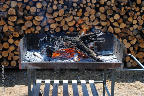 Photo: barbecue grill with flames and wood on background barbecue grill with flames and wood on background