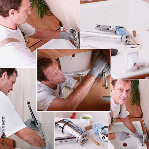 Photo: Montage of a plumber installing a kitchen sink Montage of a plumber installing a kitchen sink