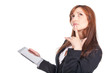woman holding a portable computer and thinking