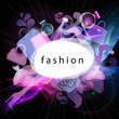 background with colored shoes, flowers, perfume and bags