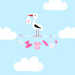 Stork On Clothes Line Baby Symbols Girl Clouds