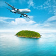 Jet plane over the tropical island. Square composition.