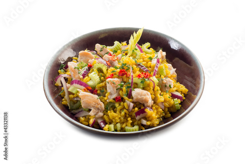 Photo: rice salad with chicken celery onions and chili pepper rice salad with chicken celery onions and chili pepper