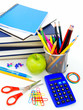 Photo: Group of school supplies and items over a white background Group of school supplies and items over a white background