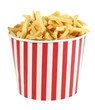 Photo: French fries potatoes in red and white stripes bucket French fries potatoes in red and white stripes bucket