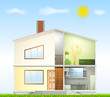 Cut in house interiors and part facade. Vector