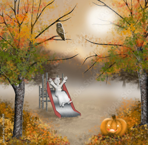 Illustration: Halloween little ghost, playing on the playground Halloween little ghost, playing on the playground