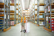Worker standing with hand truck in warehouse