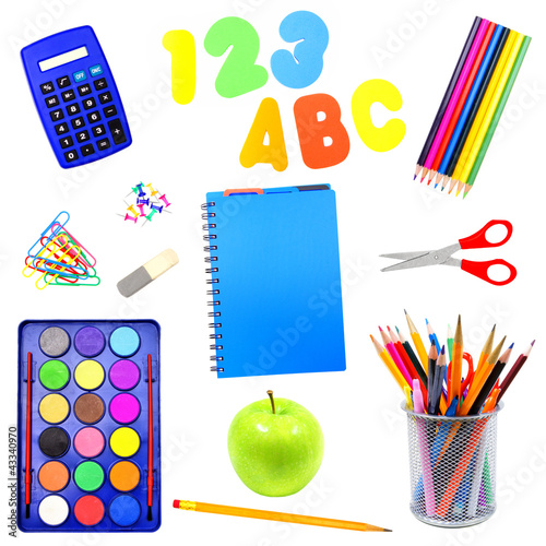 Photo: Assortment of school supplies individually isolated over white Assortment of school supplies individually isolated over white