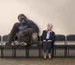 Scared Caucasian woman looking at gorilla