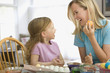 Caucasian mother decorating Easter eggs with daughter