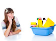 Girl looking at chemical detergents