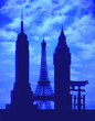 Montage of historical landmarks against sky