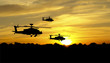 Helicopter silhouettes on sunset background