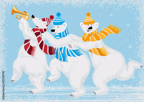 Vektor: Vector illustration of three funny polar bears in scarves Vector illustration of three funny polar bears in scarves