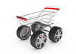 Photo: 3d shopping cart with big car wheel isolated on white 3d shopping cart with big car wheel isolated on white